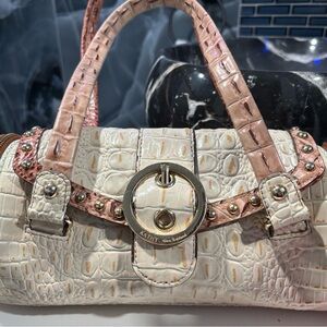 White and Pink Croc-Embossed Handbag